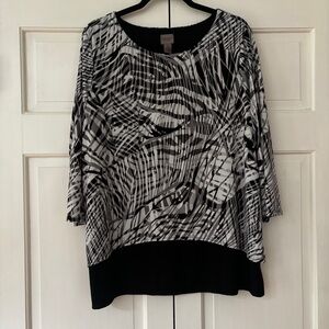 Chico's Size 3 Black White Relaxed Blouse Ocean Waves Split Back Layer Chicos XL